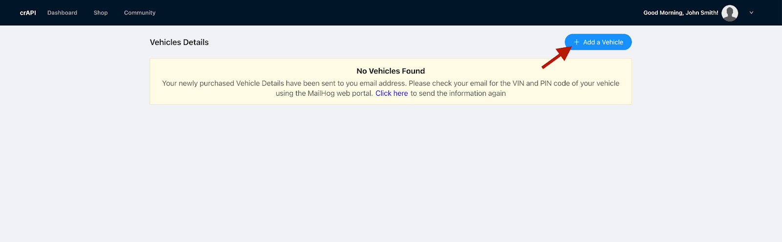 Screenshot of crAPI Add a Vehicle button